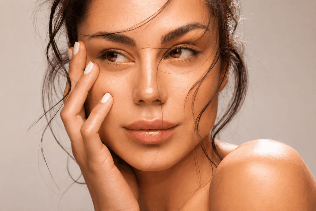 Primo piano di una donna che sfiora il viso, immagine rappresentativa del face contouring e del rimodellamento dei contorni del volto